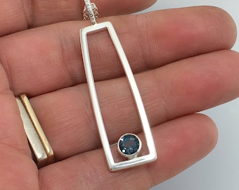 Handmade Sterling Silver Blue Topaz Pendant Necklace, Geometric Long Rectangle