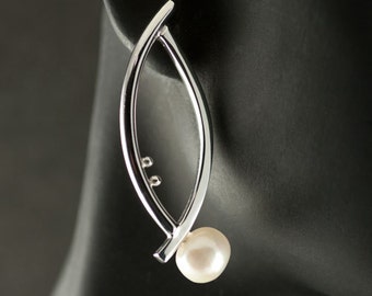 Natural Fresh Water White Pearl on Elliptical Sterling Silver Earrings- Post Back- Modern