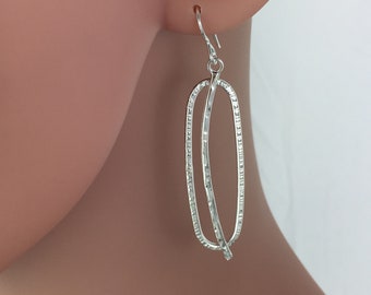 Long Oval Sterling Silver Textured Earrings, light weight