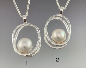 Choice of 1: Natural Fresh Water Button Pearl in a Sterling Silver double Oval Pendant