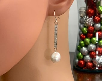Sterling Silver Textured Dangle Earrings with Natural Freshwater Pearl