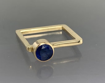 Handmade Chatham Sapphire Ring, 14kt Yellow Gold Square Band