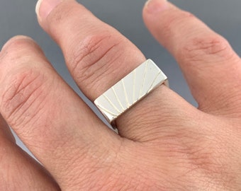 Wide Square Silver band with 4 different textures, 1 on each side. Silver Wedding Ring, statement ring, plain band