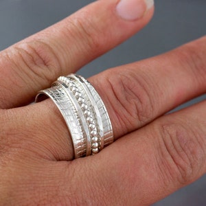 One Spinner Ring in Sterling Silver, Cross Hatched Textured Spinner RIng, Shiny Spinner Ring