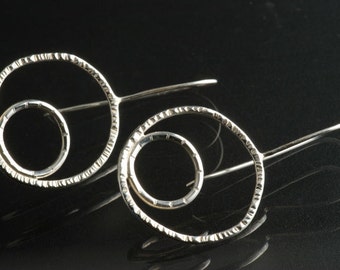 Sterling Silver Double Circle Wire Earrings, Textured Circles Dangle Earrings