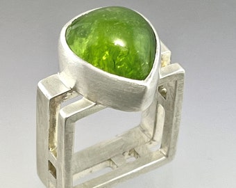 Large Peridot Pear Shaped Cabochon in Double Square Sterling Silver ring, ready to ship, size 7 1/2