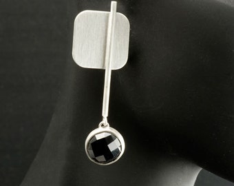 Black Spinel Gemstones in Sterling Silver Post Earrings, brush finish, One of a Kind Earrings