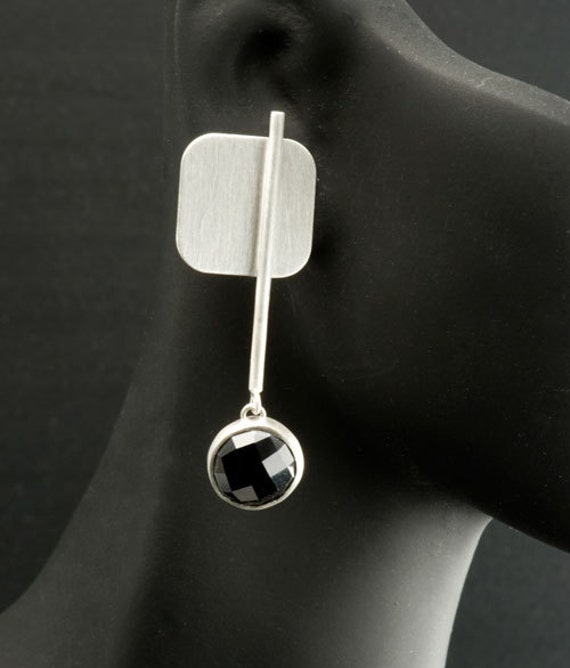 Black Spinel Gemstones in Sterling Silver Post Earrings, brush finish, One of a Kind Earrings