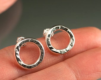 Little Sterling Silver Circle Stud Earrings - Hammered - Sterling Post Back