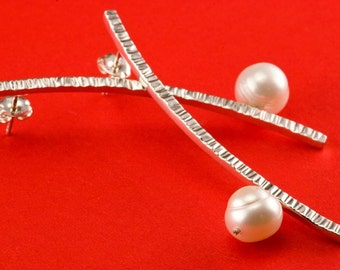 Handmade Silver Textured Curved Bar Earrings with Freshwater Pearls