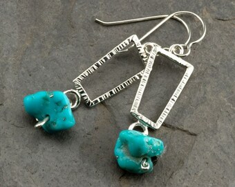 Turquoise Bead & Trapazoid Sterling Silver Earrings, Modern Silver Earrings, Southwest Jewelry