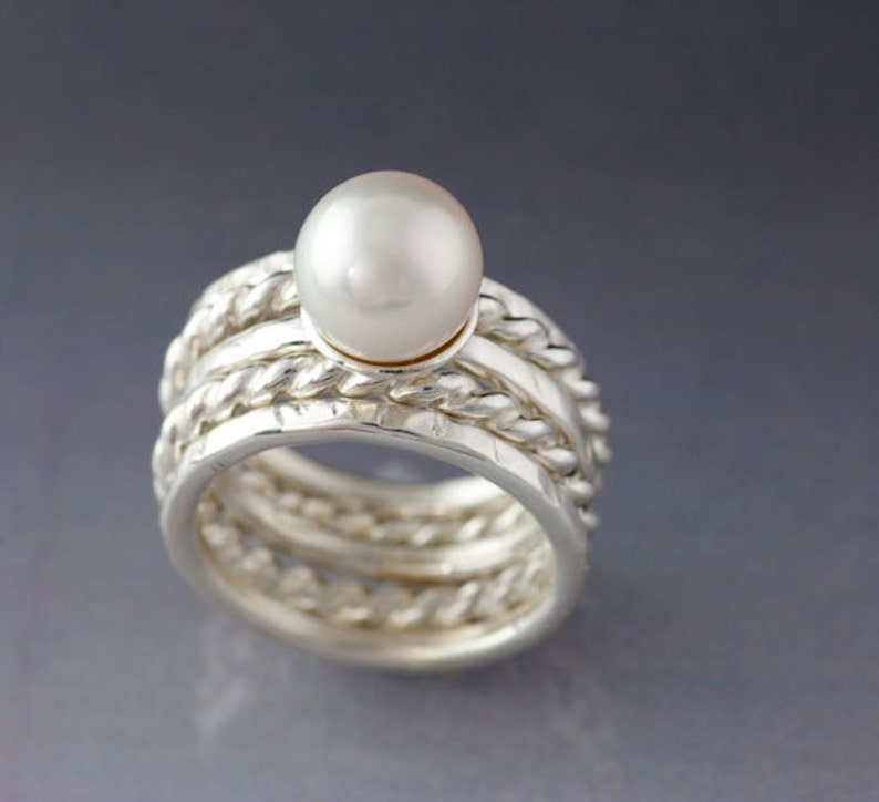 Large White Pearl Silver Ring in Sterling Silver, Wide Natural 9mm Pearl stacking Ring set, made to order in your size image 1