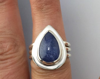 Pear shaped Tanzanite cabochon set in Handmade Sterling Silver ring, size 7 1/2, ready to ship, one of a kind