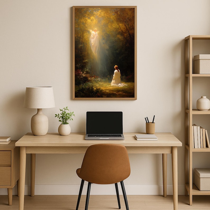 May include: A framed art print depicting a spiritual scene. The artwork shows a figure in white kneeling before a radiant, ethereal being in a forest setting. The print is displayed above a wooden desk with a laptop, lamp, and chair.