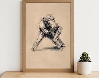 Judo Sketch Wall Art – Dynamic Hand-Drawn Martial Arts Print of Judo Fighters in Action, Vintage Sports Illustration Poster