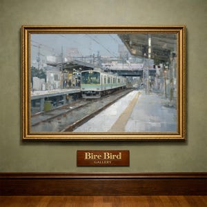 Puede incluir: Pintura al óleo en un marco dorado que representa un tren llegando a una estación. El tren es verde claro y blanco. El andén de la estación es amarillo y gris. La pintura se exhibe en una pared verde con un letrero de madera "Bire Bird Gallery".