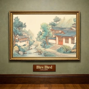 May include: A framed landscape painting depicting a traditional Asian village scene with a river, trees, and buildings. The artwork is in a gold frame and hangs on a green wall. The sign below reads "Bire Bird GALLERY."