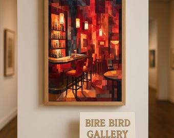 Geometric Abstract Bar Interior Wall Art – Vibrant Cubist Nightlife Scene for Dining or Lounge Spaces