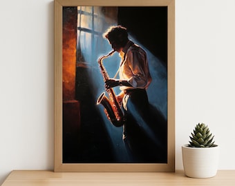Jazz Saxophone Wall Art: Moody Musician Oil Painting Jazz Night Decor Blues Music Print (Digital Download)
