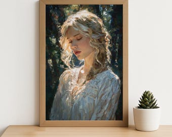 Impressionist Woman Portrait Oil Painting Style – Soft Light Blonde Girl Wall Art Print for Romantic, Vintage, or Boho Interiors