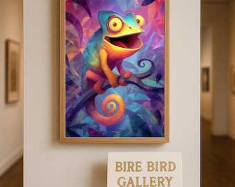 Colorful Chameleon Vall Art - Vibrant Jungle Lizard Illustration with Funny Expression and Bright Tropical Colors, Kids Room Animal Poster