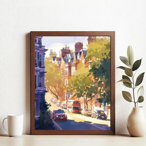 London Cityscape Printable Wall Art |Watercolor Red Bus & Car Street Scene | British Travel Poster | UK Urban Decor Digital Download
