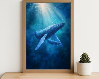Whale Ocean Wall Art : Blue Underwater Whale Illustration, Marine Life Watercolor, Coastal Calm Decor (Digital Download)
