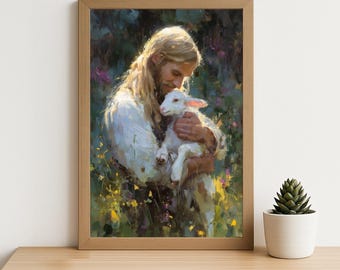 Jesus Holding Lamb Watercolor Print: Christian Pastoral Art Wall Decor (Digital Download)