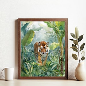 Tropical Tiger Wall Art Printable | Jungle Animal Digital Download | Wild Cat Safari Poster | Boho Jungle Decor | Tiger in Rainforest Print