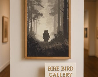 Bear in Foggy Forest Wall Art – Wilderness Wildlife Poster, Nature Animal Silhouette Printable, Grizzly Bear in Woodland for Rustic Decor