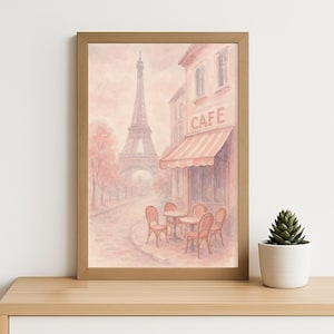 Paris Cafe Watercolor Print | Eiffel Tower Wall Art | Romantic French Street Scene | Digital Download