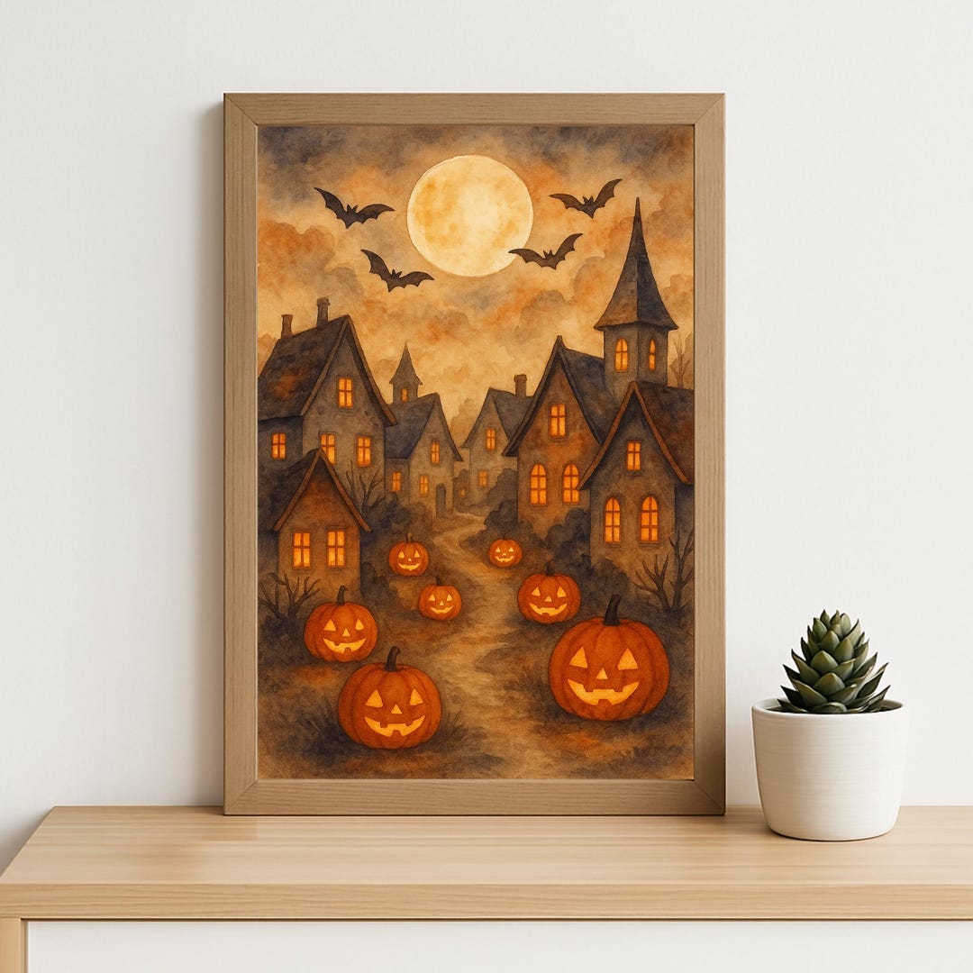 Pumpkin Halloween Village Art Print – Spooky Watercolor Haunted Town ...
