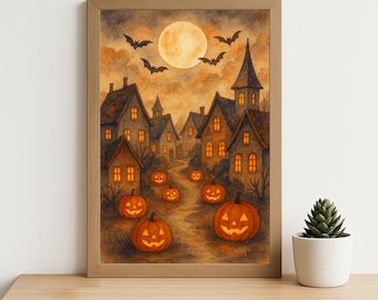 Pumpkin Halloween Village Art Print – Spooky Watercolor Haunted Town Illustration with Jack-o'-Lanterns and Full Moon Glow