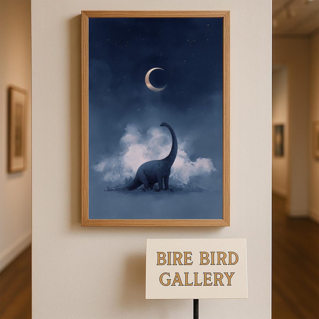 Dreamy Dinosaur and Crescent Moon Wall Art – Whimsical Night Sky ...