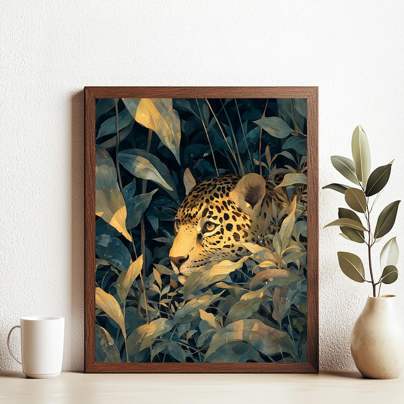 May include: A framed art print featuring a jaguar peering through lush, dark green and yellow foliage. The jaguar's face is illuminated with warm light, showcasing its spotted coat. The artwork is set in a dark brown wooden frame.