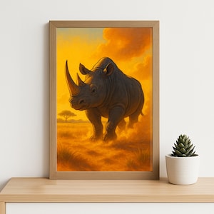 African Rhino Watercolor Print - Majestic Wildlife Wall Art, Safari Animal Illustration, Sunset Savannah Decor, Endangered Species Poster