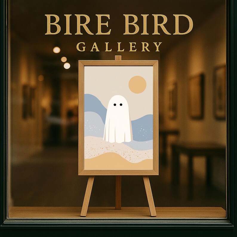 May include: A wooden framed art print on a small easel, displaying a minimalist ghost illustration. The artwork has a beige background with blue and tan landscape elements and a yellow sun. The text "BIRE BIRD GALLERY" is above the artwork.