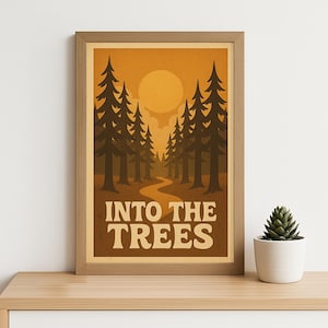 Póster retro de bosque entre árboles, arte mural de senderismo de los años 70, imprimible vintage de naturaleza salvaje.