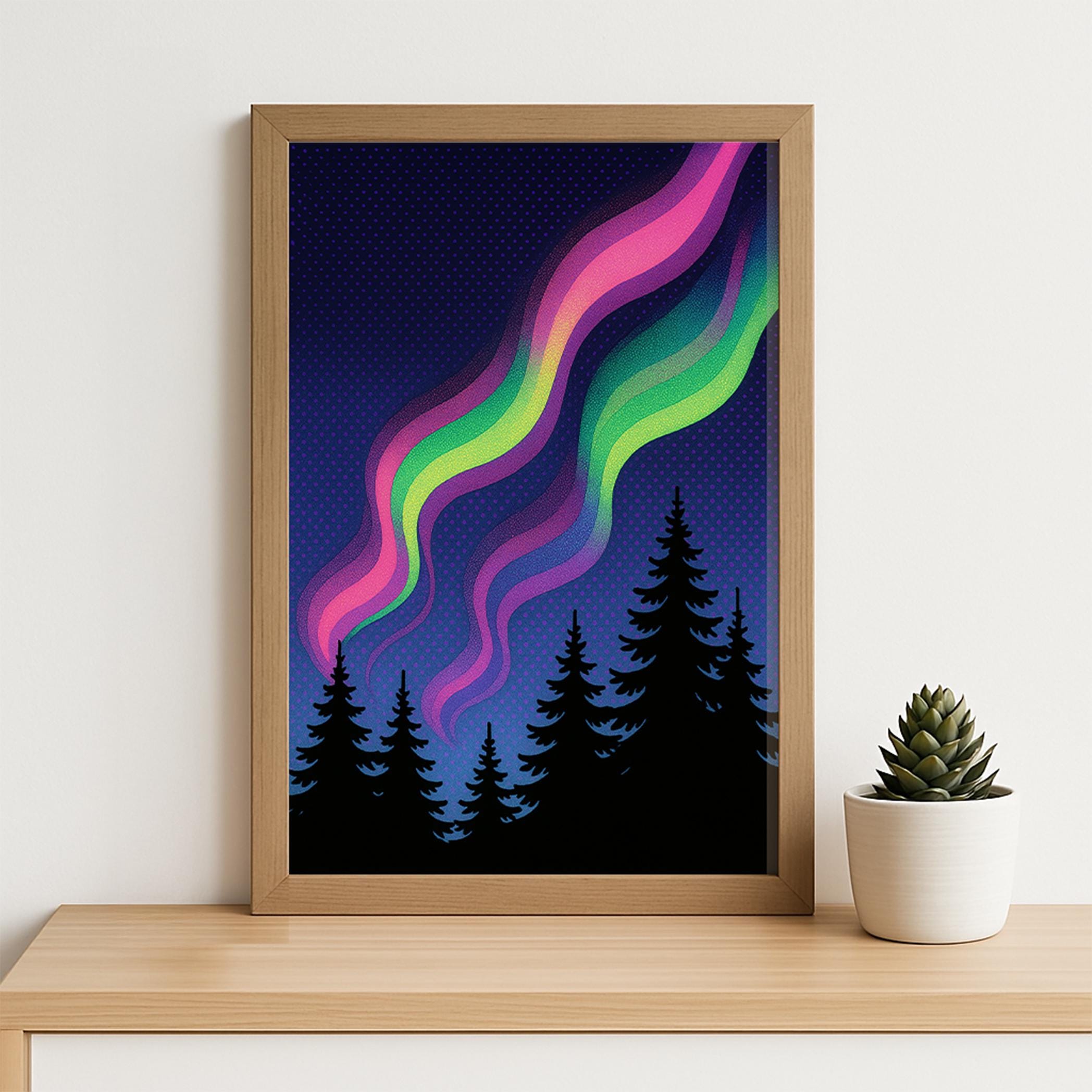 Retro Pop Art Aurora Borealis Over Forest – Psychedelic Northern