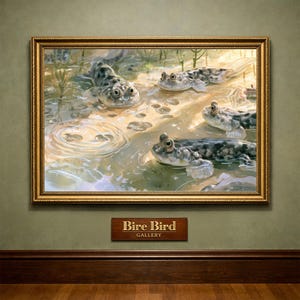 May include: A framed horizontal wall art print depicting several mudskipper fish in shallow, rippling water. The fish have mottled grey and white skin with prominent eyes. Below the frame, a small wooden plaque reads Bire Bird Gallery.
