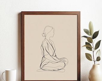 Minimalist Meditation Woman Line Art Print - Calm Neutral Zen Wall Decor, Elegant Seated Pose Illustration for Yoga Studio or Mindful Space