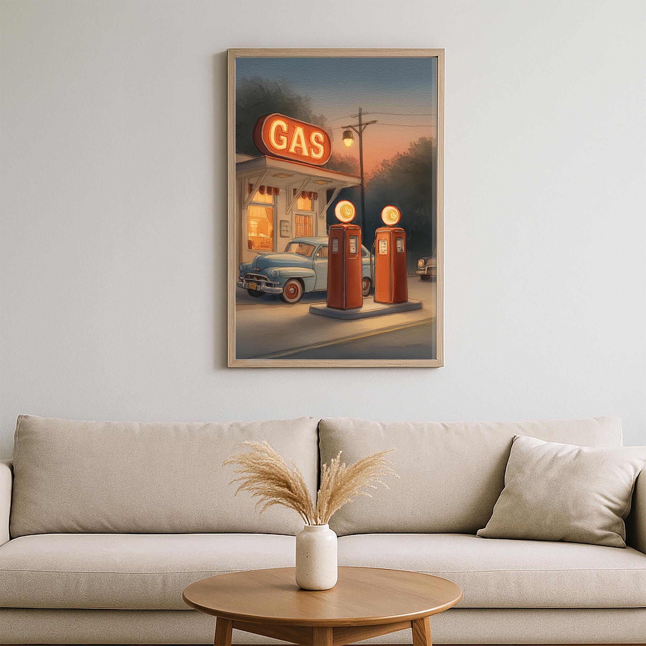 Vintage Gas Station Wall Art - Retro Car and Pump Illustration at Dusk ...