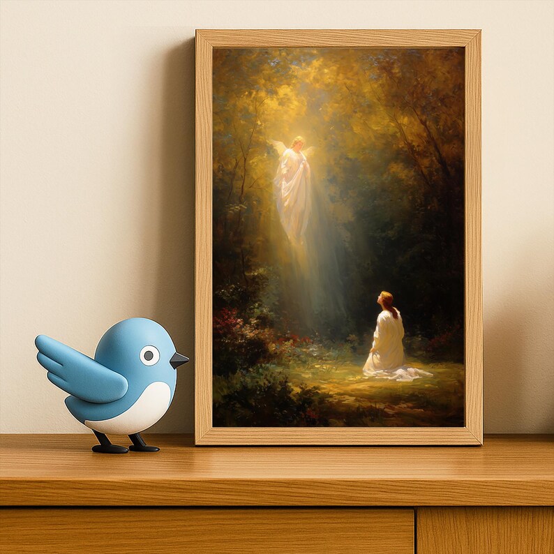 May include: A framed art print depicts a spiritual scene with a figure in white robes in a forest setting. A blue bird figurine sits on a wooden surface. The artwork is in a wooden frame.
