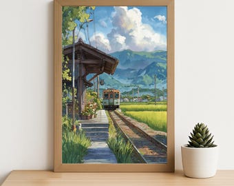 Tokyo Countryside Train Station Art – Watercolor Style Rural Japan Summer Landscape Wall Print with Green Fields and Vintage Railway