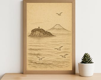 Vintage Japanese Line Art: Enoshima Island And Mount Fuji Print, Minimalist Coastal Wall Decor, Zen Japan Artwork (Digital Download)