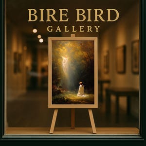 May include: A framed painting on a wooden easel, displayed in a gallery window. The painting depicts a figure in white light, with another figure kneeling below. The gallery window has the text "BIRE BIRD GALLERY" in gold lettering.