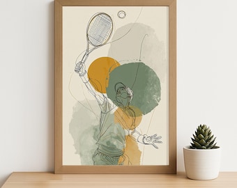 Tennis Serve Line Art Poster – Modern Abstract Sports Printable, Athlete Action Wall Art, Minimalist Tennis Player Digital Download
