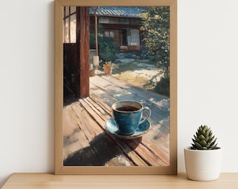 Japanese Garden Teacup Art: Serene Tea Still Life Painting, Cozy Zen Home Wall Decor (Digital Download)