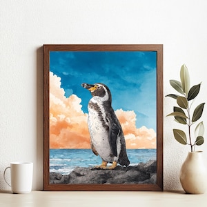 Impresión artística de pingüino junto al mar, ilustración de vida silvestre oceánica al atardecer, decoración de pared con animales adorables