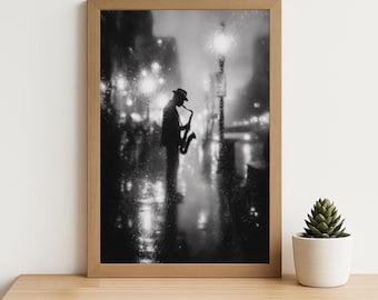Rainy Jazz Saxophonist Art: Black and White City Night Photography Print, Cinematic Urban Music Wall Decor (Digital Download)
